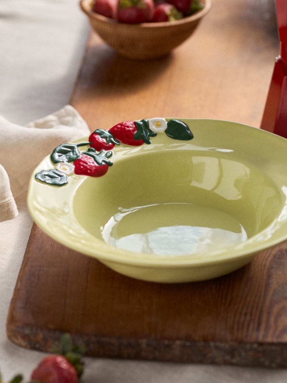 Anthropologie Foster Ceramic Pasta Bowl with Red‎ Strawberry and daisyAccents